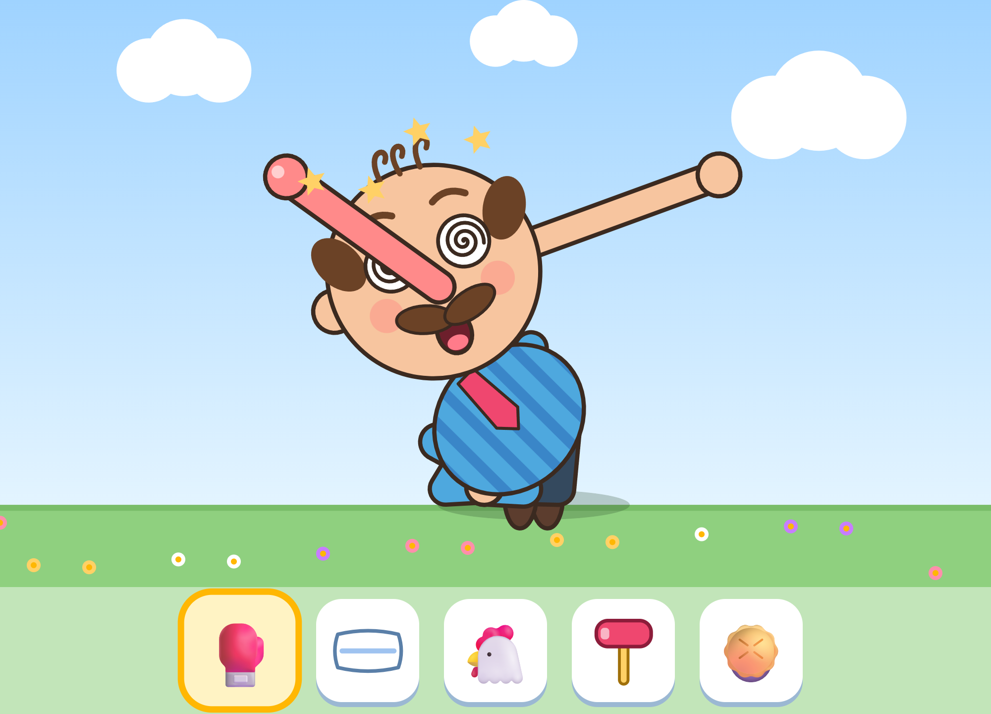 Bonk Buddy, a cartoon uncle, with his nose and ear stretched out like taffy and dizzy spiral eyes